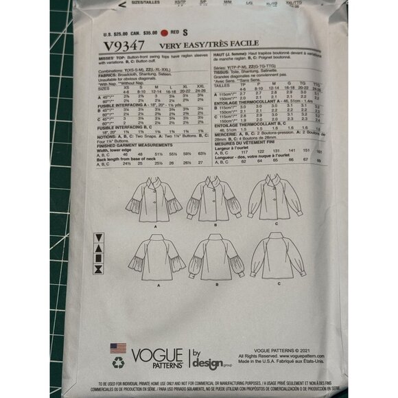Vogue V9347 Sewing Pattern Misses Jackets XSM/SML/MED - Picture 3 of 3